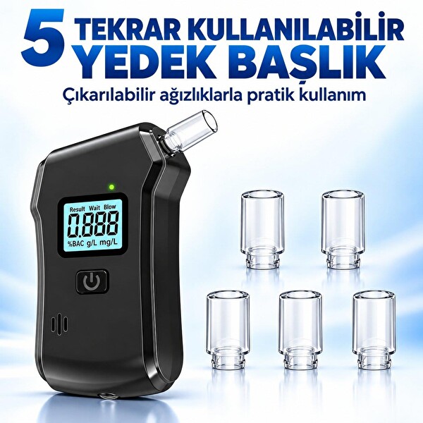 Valkyrie Dijital Alkol Test Cihazı 5 Ağızlıklı LCD Ekranlı LED Işıklı 3 AAA Pilli Taşınabilir Alkolmetre