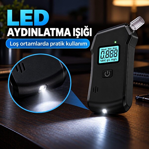 Valkyrie Dijital Alkol Test Cihazı 5 Ağızlıklı LCD Ekranlı LED Işıklı 3 AAA Pilli Taşınabilir Alkolmetre