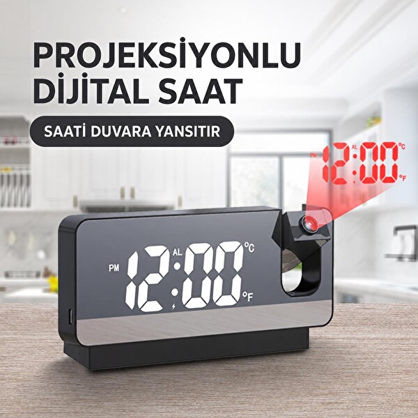 Valkyrie Projeksiyonlu Dijital Alarm Saat LED Ekranlı Termometreli Çift Alarmlı Siyah