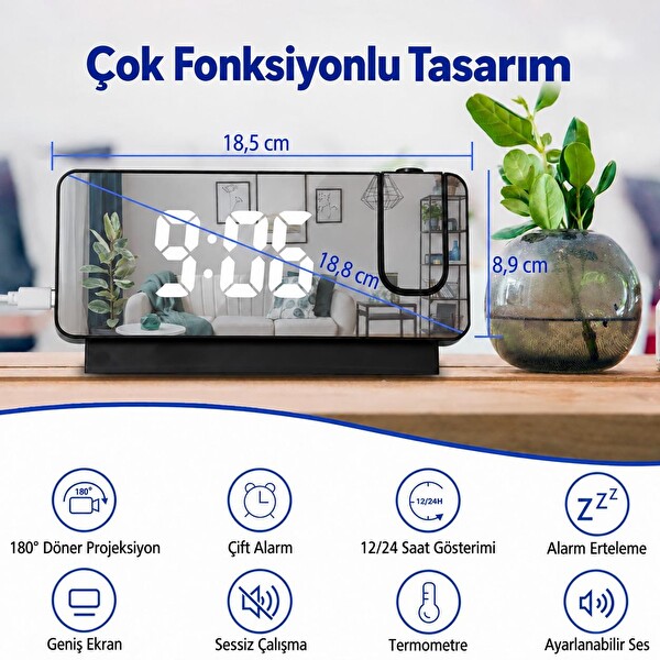 Valkyrie Projeksiyonlu Dijital Alarm Saat LED Ekranlı Termometreli Çift Alarmlı Siyah
