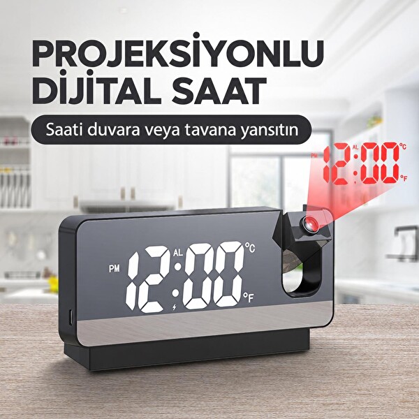 Valkyrie Projeksiyonlu Dijital Alarm Saat LED Ekranlı Termometreli Çift Alarmlı Siyah