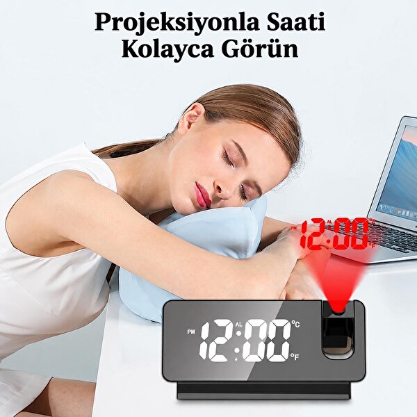 Valkyrie Projeksiyonlu Dijital Alarm Saat LED Ekranlı Termometreli Çift Alarmlı Siyah