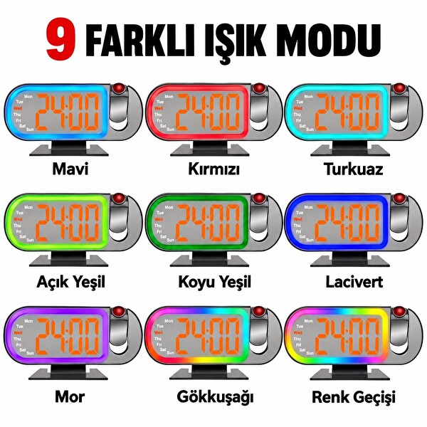 Valkyrie RGB Işıklı Projeksiyonlu Dijital Alarm Saat 17 Modlu LED Ekranlı Çalar Saat