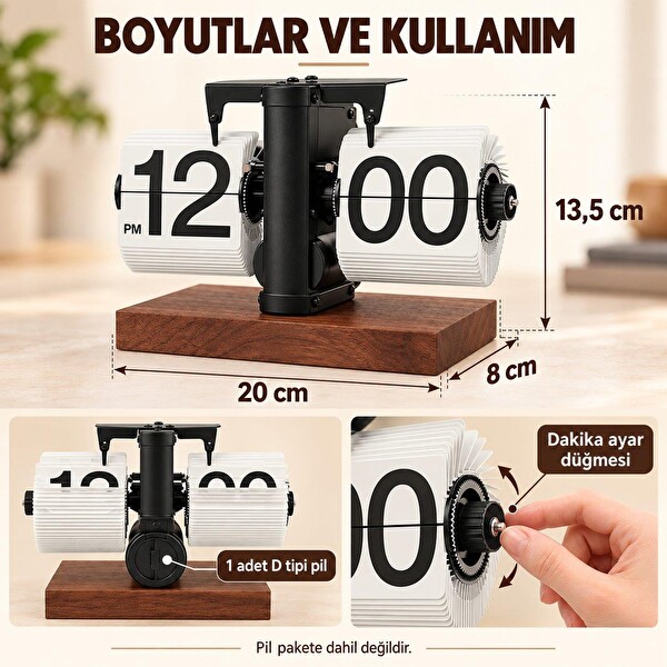 Valkyrie Retro Yapraklı Masa Saati Ahşap Tabanlı Sessiz Mekanizmalı Flip Clock Ev Ofis Kafe Dekoratif Saat Beyaz