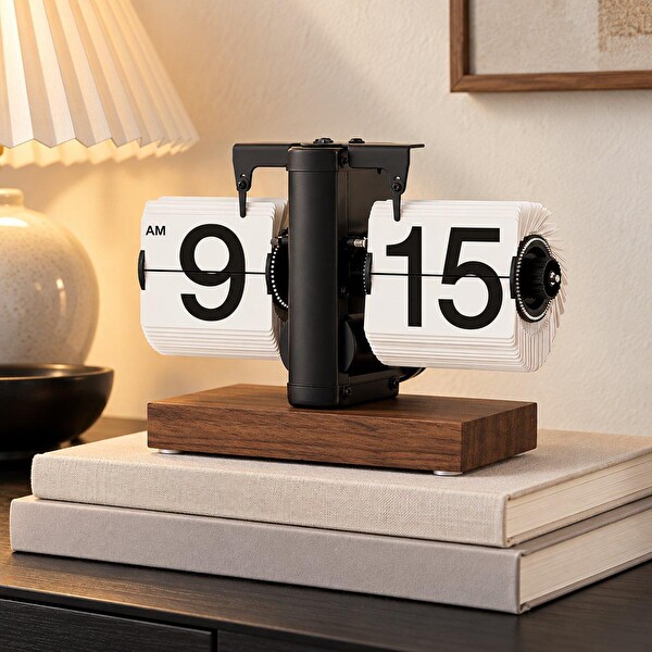 Valkyrie Retro Yapraklı Masa Saati Ahşap Tabanlı Sessiz Mekanizmalı Flip Clock Ev Ofis Kafe Dekoratif Saat Beyaz