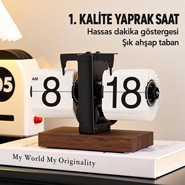 Valkyrie Retro Yapraklı Masa Saati Ahşap Tabanlı Sessiz Mekanizmalı Flip Clock Ev Ofis Kafe Dekoratif Saat Beyaz