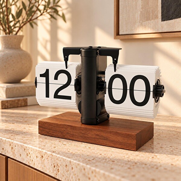 Valkyrie Retro Yapraklı Masa Saati Ahşap Tabanlı Sessiz Mekanizmalı Flip Clock Ev Ofis Kafe Dekoratif Saat Beyaz