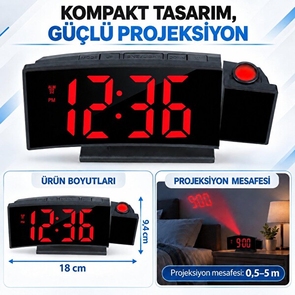 Valkyrie Projeksiyonlu Dijital Masa Saati Kırmızı LED Ekranlı Alarm Snooze Sıcaklık Tarih USB ve Pil
