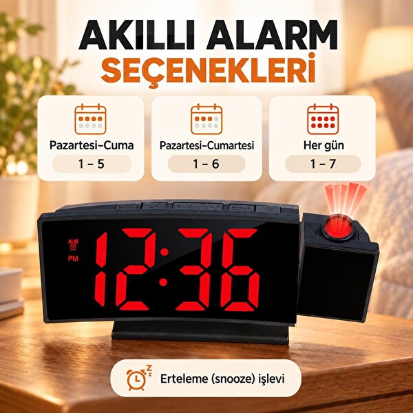 Valkyrie Projeksiyonlu Dijital Masa Saati Kırmızı LED Ekranlı Alarm Snooze Sıcaklık Tarih USB ve Pil