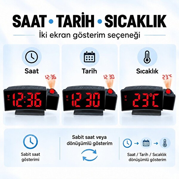Valkyrie Projeksiyonlu Dijital Masa Saati Kırmızı LED Ekranlı Alarm Snooze Sıcaklık Tarih USB ve Pil