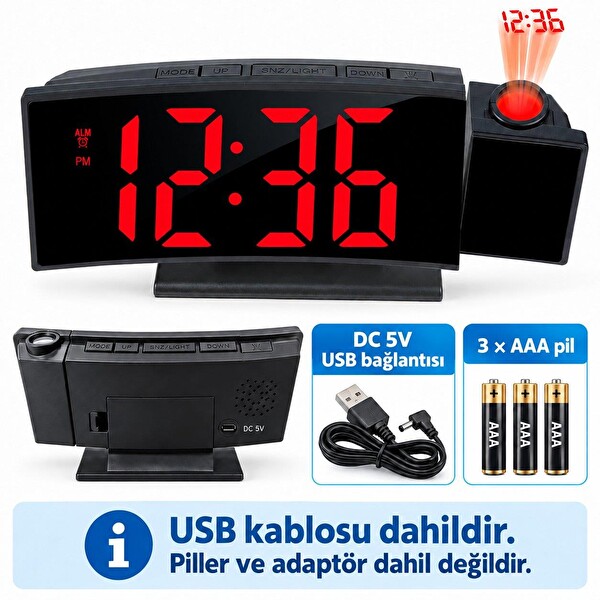 Valkyrie Projeksiyonlu Dijital Masa Saati Kırmızı LED Ekranlı Alarm Snooze Sıcaklık Tarih USB ve Pil
