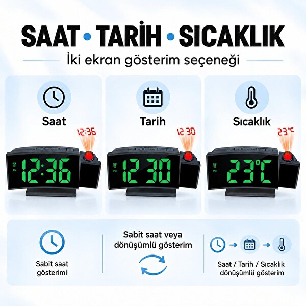 Valkyrie Projeksiyonlu Dijital Masa Saati Yeşil LED Ekranlı Alarm Snooze Sıcaklık Tarih USB ve Pil