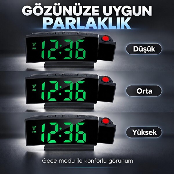 Valkyrie Projeksiyonlu Dijital Masa Saati Yeşil LED Ekranlı Alarm Snooze Sıcaklık Tarih USB ve Pil