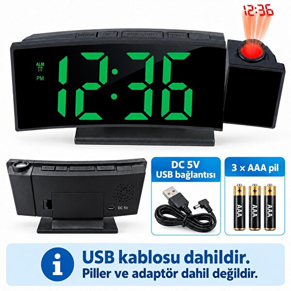 Valkyrie Projeksiyonlu Dijital Masa Saati Yeşil LED Ekranlı Alarm Snooze Sıcaklık Tarih USB ve Pil