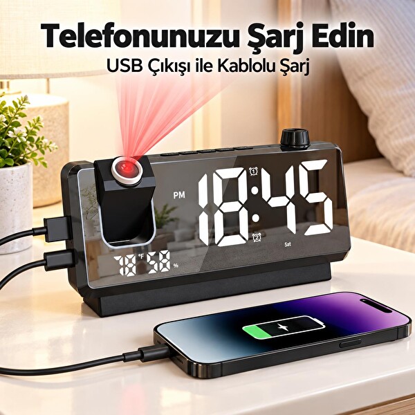 Valkyrie Projeksiyonlu Dijital Alarm Saat Dahili Bataryalı LED Ekranlı USB Şarj Çıkışlı