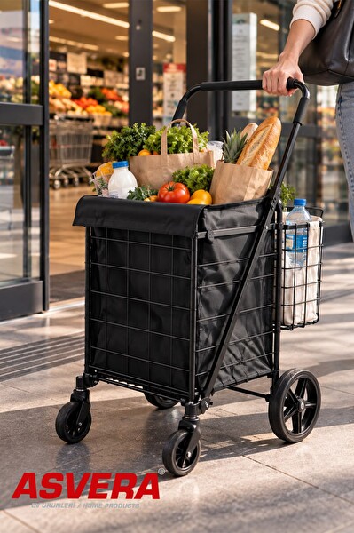Asvera 60 Litre Katlanabilir Pazar Arabası Çantalı Alışveriş Arabası