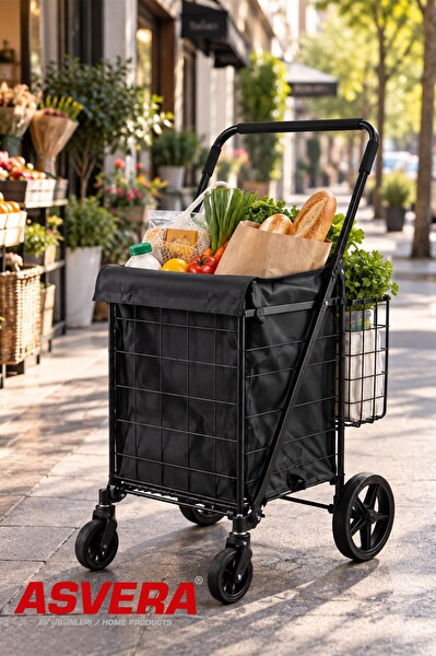 Asvera 60 Litre Katlanabilir Pazar Arabası Çantalı Alışveriş Arabası