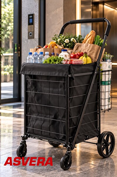 Asvera 60 Litre Katlanabilir Pazar Arabası Çantalı Alışveriş Arabası