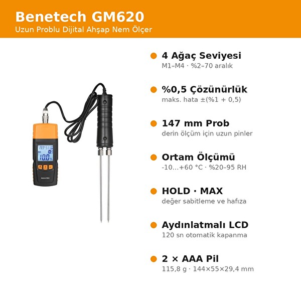 Benetech GM620 Uzun Problu Dijital Ahşap Nem Ölçer – 4 Ağaç Modu - Sıcaklık ve Ortam Nemi