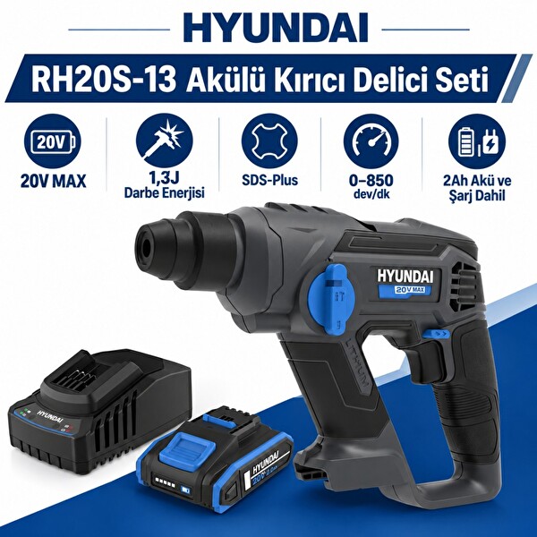 Hyundai RH20S-13 20V Akülü Kırıcı Delici Seti 1.3 J SDS-Plus 2Ah Akü ve Şarj Dahil