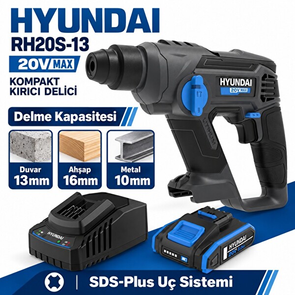 Hyundai RH20S-13 20V Akülü Kırıcı Delici Seti 1.3 J SDS-Plus 2Ah Akü ve Şarj Dahil