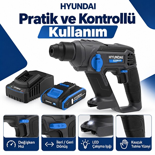 Hyundai RH20S-13 20V Akülü Kırıcı Delici Seti 1.3 J SDS-Plus 2Ah Akü ve Şarj Dahil