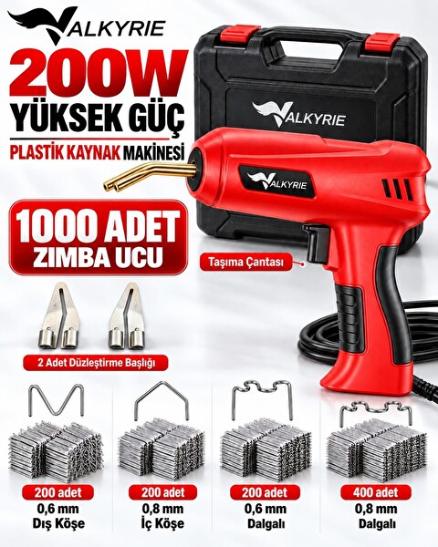 Valkyrie 200W Plastik Kaynak Makinesi 1000 Zımba Uçlu Çantalı Tamir Seti Düzleştirme Başlıklı