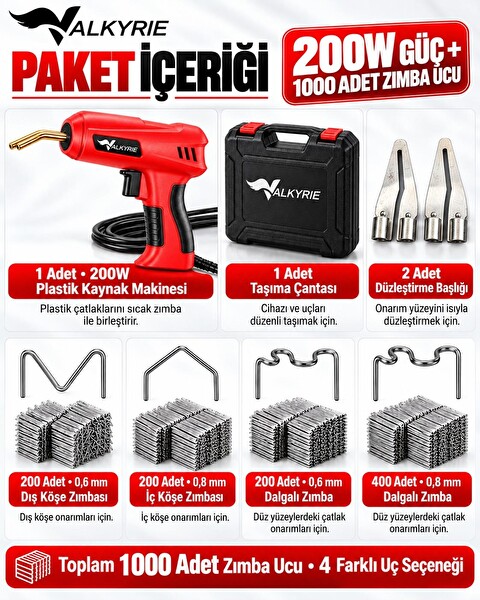 Valkyrie 200W Plastik Kaynak Makinesi 1000 Zımba Uçlu Çantalı Tamir Seti Düzleştirme Başlıklı