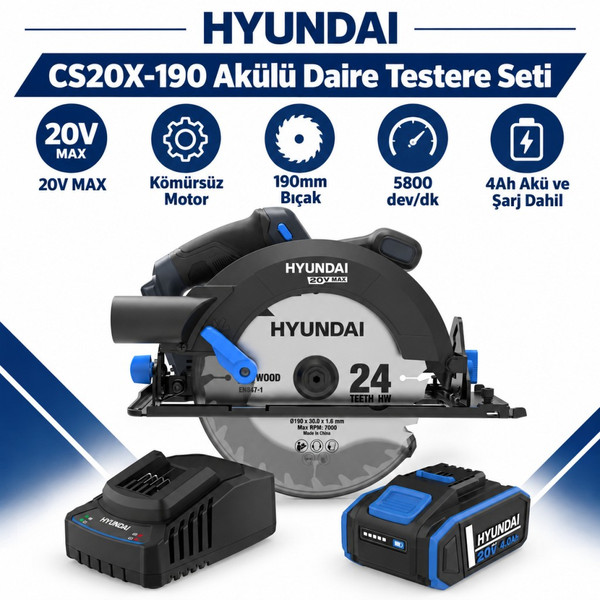 Hyundai CS20X-190 20V Kömürsüz Akülü Daire Testere Seti 190mm 4Ah Akü ve Şarj Dahil