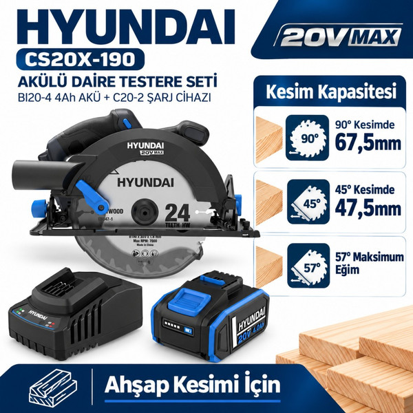 Hyundai CS20X-190 20V Kömürsüz Akülü Daire Testere Seti 190mm 4Ah Akü ve Şarj Dahil