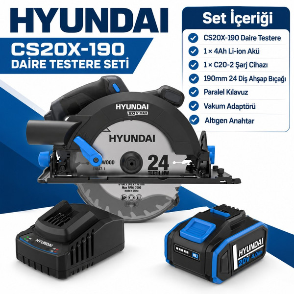 Hyundai CS20X-190 20V Kömürsüz Akülü Daire Testere Seti 190mm 4Ah Akü ve Şarj Dahil