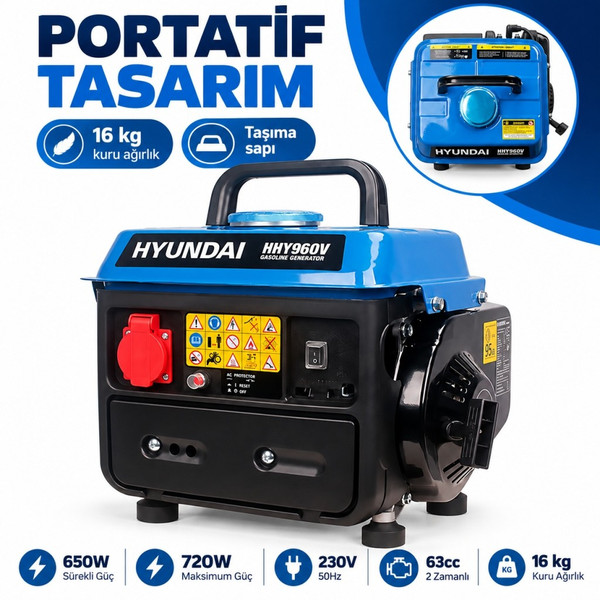 Hyundai HHY960V 650W Sürekli 720W Maksimum 230V Benzinli Portatif Jeneratör
