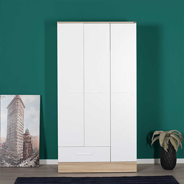 Adore Mobilya Base Genç Odası 3 Kapılı Tek Çekmeceli İtalyan Meşe Beyaz Gardırop