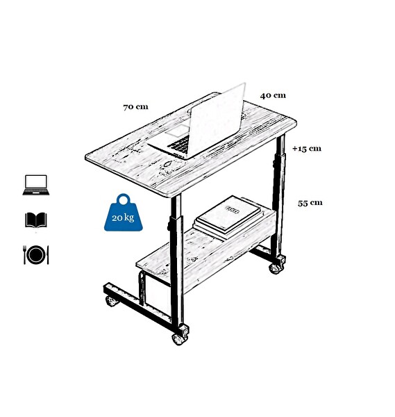 SC Dizayn Yükseklik Ayarlı Raflı Tekerli Atlantik Çam Laptop Sehpası Ve Çalışma Masası