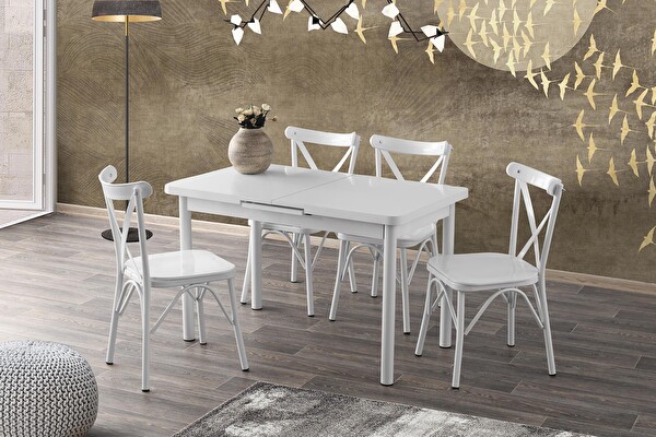 Sweet Home Silvar Açılır Beyaz Masa - 6 Adet Çapraz Plastik Sırt Sandalye Takımı