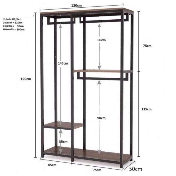 Zizuva Tasarım 190x120x50 CM Ceviz Açık Gardırop