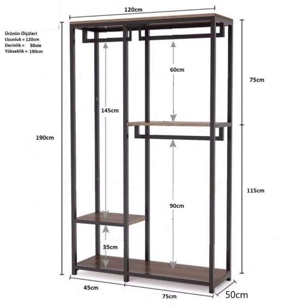 Zizuva Tasarım 120x190x50 CM 3 Katlı Açık Gardırop