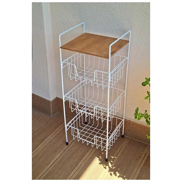 DigitHome Ahşap Metal 3 Katlı Standlı Ceviz Raflı Beyaz Çok Amaçlı Raf MRS-001 C1-1-267