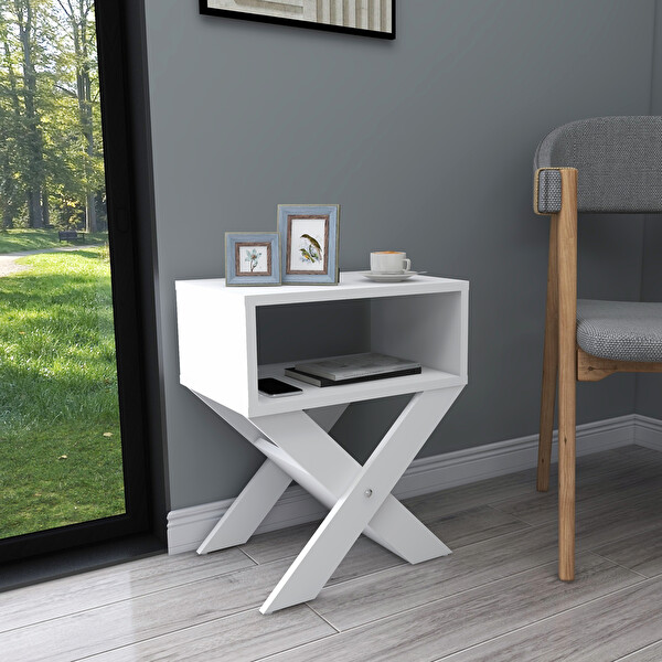 Zuesse Dizayn Lepus X Ayaklı Dergilikli Beyaz Başucu Komodin Yan Sehpa