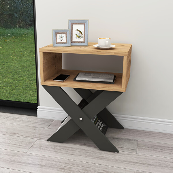 Zuesse Dizayn Lepus X Ayaklı Dergilikli Çam - Antrasit Başucu Komodin Yan Sehpa