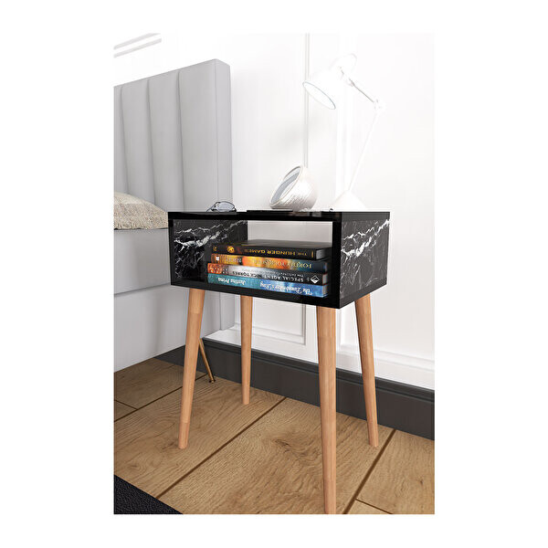 Zuesse Dizayn Ceren Çekmecesiz Ahşap Ayaklı Siyah Mermer Başucu Komodin