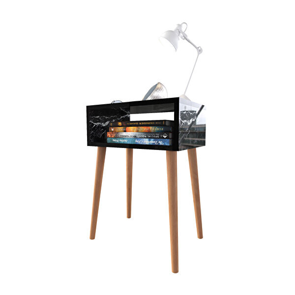 Zuesse Dizayn Ceren Çekmecesiz Ahşap Ayaklı Siyah Mermer Başucu Komodin