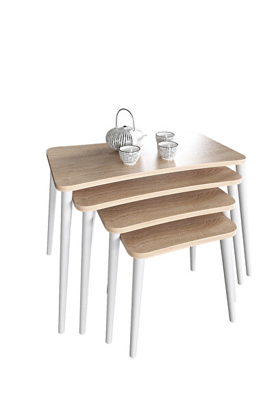 Zuesse Dizayn SELEN Ahşap Beyaz Ayaklı Sonomo Zigon Sehpa 4 Adet