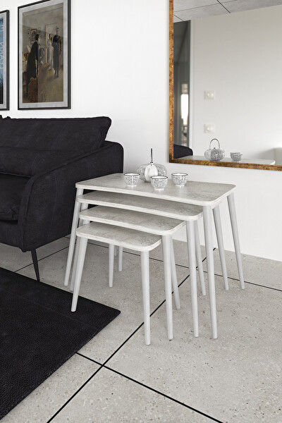 Zuesse Dizayn SELEN Ahşap Beyaz Ayaklı Kristal Zigon Sehpa 4 Adet