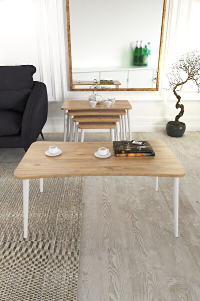 Zuesse Dizayn ALANUR XL Ahşap Ayaklı Çam Orta ve Zigon Sehpa 5 Adet