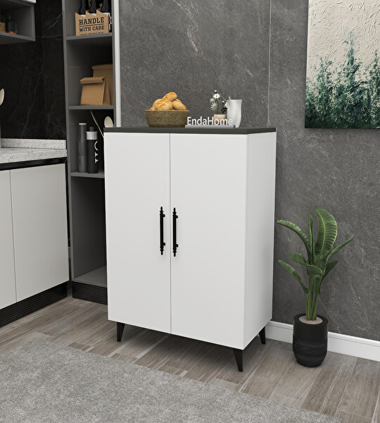 Zuesse Dizayn PEGASUS 3 Raflı 2 Kapaklı Koyu Gri Beyaz Çok Amaçlı Dolap