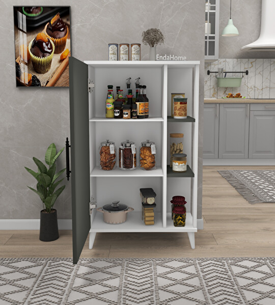 Zuesse Dizayn LACERTA 97x65x32 CM 6 Raflı Kapaklı Beyaz - Koyu Gri Çok Amaçlı Dolap