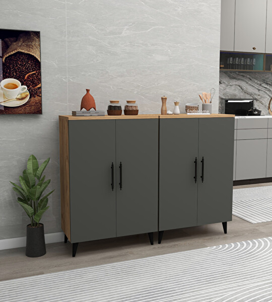 Zuesse Dizayn META 6 Raflı 4 Kapaklı Çam - Antrasit Çok Amaçlı Dolap