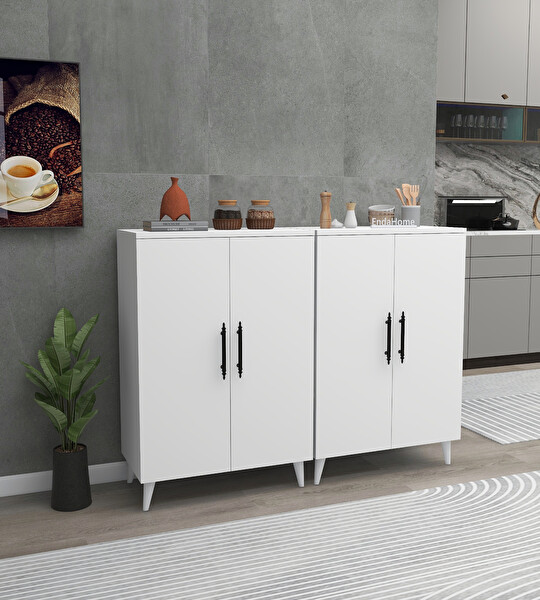 Zuesse Dizayn META 6 Raflı 4 Kapaklı Beyaz Çok Amaçlı Dolap