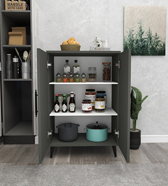 Zuesse Dizayn PEGASUS 3 Raflı 2 Kapaklı Koyu Gri Çok Amaçlı Dolap